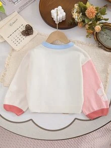 SHEIN Kids Young Girl Young Girl Young Girl Young Girls Colorful Patchwork Knit Cardigan, Floral Pattern, Suitable For Autumn/Winter, Soft - White - View 2