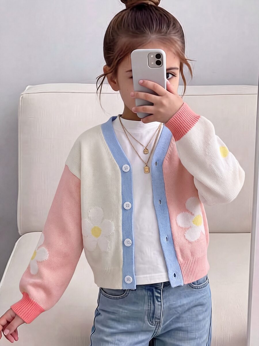 SHEIN Cardigan Rajut Patchwork Warna-warni untuk Anak Perempuan, Motif Bunga, Cocok untuk Musim Gugur/Musim Dingin, Lembut - Putih - View 1