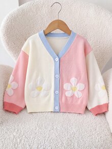 SHEIN Kids Young Girl Young Girl Young Girl Young Girls Colorful Patchwork Knit Cardigan, Floral Pattern, Suitable For Autumn/Winter, Soft - White - View 4