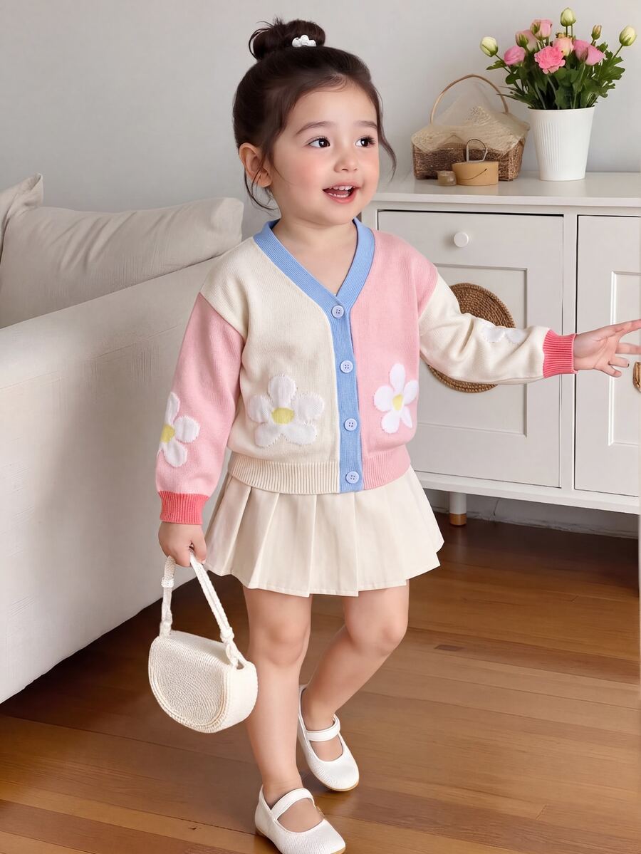 SHEIN Kids Young Girl Young Girl Young Girl Young Girls Colorful Patchwork Knit Cardigan, Floral Pattern, Suitable For Autumn/Winter, Soft - White - View 1