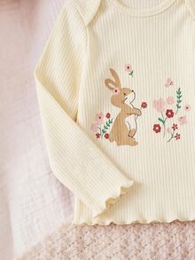 SHEIN 2件組新生兒卡通圖案刺繡睡衣小碎花長褲家居服套裝 - 粉色 - 查看 4