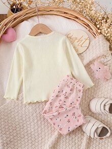 SHEIN 2件組新生兒卡通圖案刺繡睡衣小碎花長褲家居服套裝 - 粉色 - 查看 2