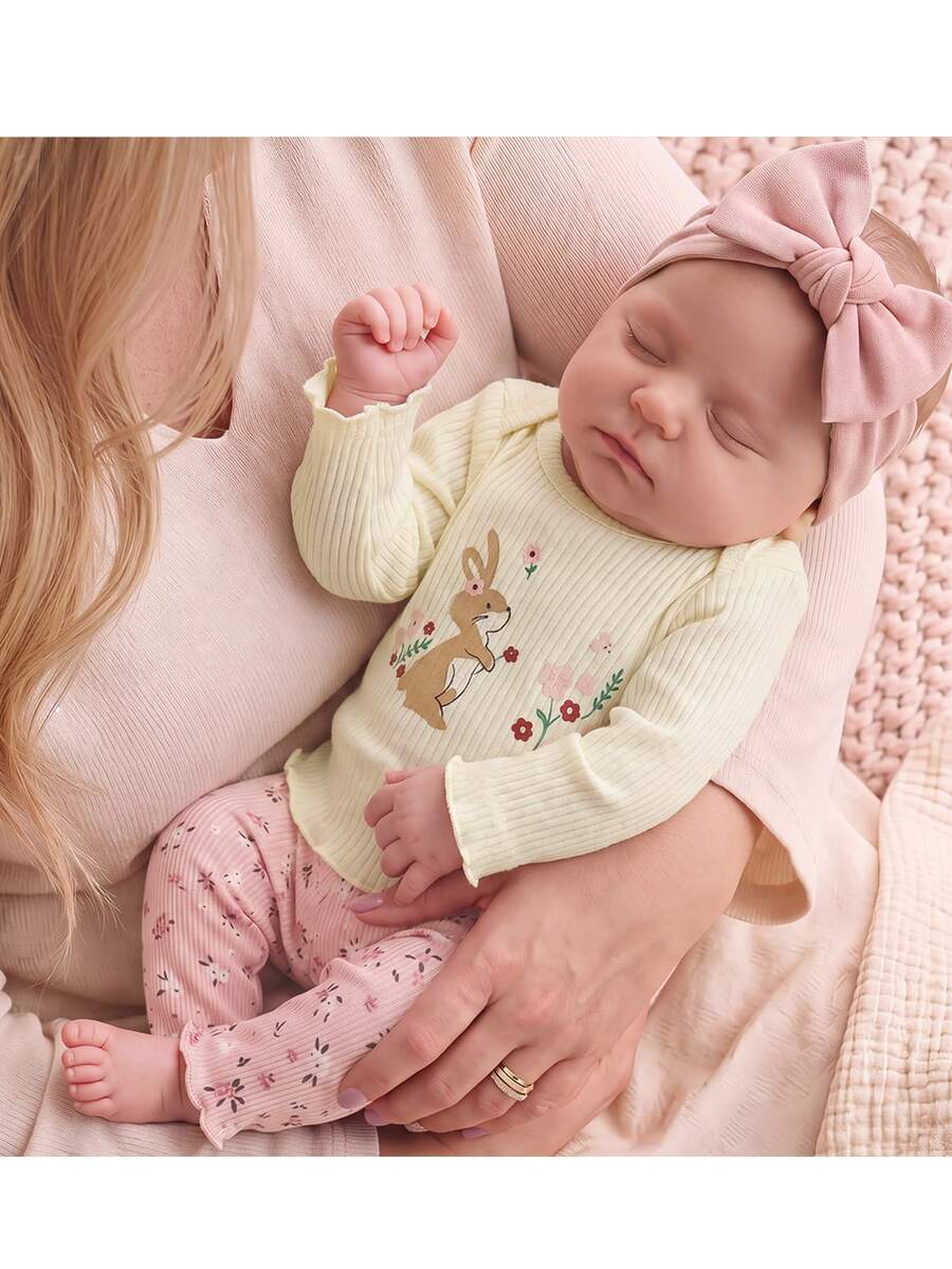SHEIN 2pcs Newborn Cartoon Pattern Kids Embroidered Pajamas Ditsy Floral Pants Home Wear Set - Pink - View 1
