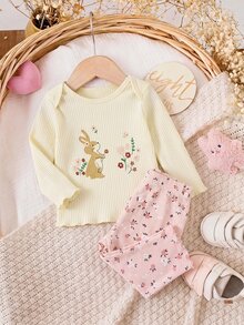 SHEIN 2件組新生兒卡通圖案刺繡睡衣小碎花長褲家居服套裝 - 粉色 - 查看 3