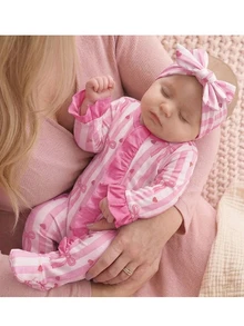 SHEIN Newborn Baby Girl Cute Pink Bow Striped Ruffle Romper Loungewear With Headband - Pink - View 1