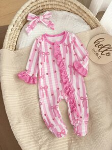 SHEIN Newborn Baby Girl Cute Pink Bow Striped Ruffle Romper Loungewear With Headband - Pink - View 4