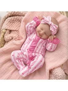 SHEIN Newborn Baby Girl Cute Pink Bow Striped Ruffle Romper Loungewear With Headband - Pink - View 5