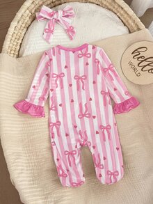 SHEIN Newborn Baby Girl Cute Pink Bow Striped Ruffle Romper Loungewear With Headband - Pink - View 3