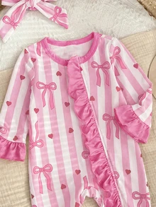 SHEIN Newborn Baby Girl Cute Pink Bow Striped Ruffle Romper Loungewear With Headband - Pink - View 2