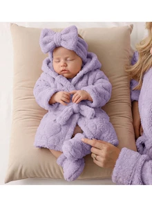 SHEIN Newborn Baby Winter Comfortable Long Sleeve Hooded Robe Loungewear Autumn - Mauve Purple - View 1