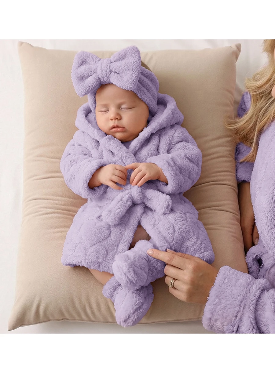 SHEIN Newborn Baby Winter Comfortable Long Sleeve Hooded Robe Loungewear Autumn - Mauve Purple - View 1