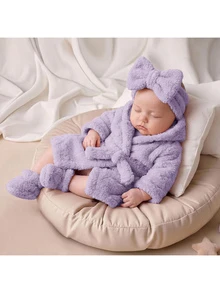 SHEIN Newborn Baby Winter Comfortable Long Sleeve Hooded Robe Loungewear Autumn - Mauve Purple - View 7