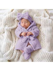 SHEIN Newborn Baby Winter Comfortable Long Sleeve Hooded Robe Loungewear Autumn - Mauve Purple - View 6