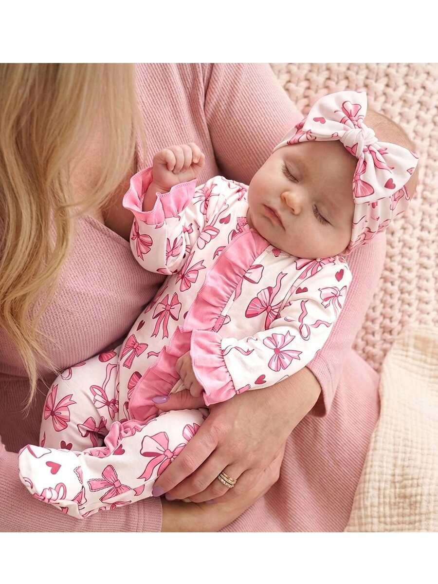 SHEIN Newborn Baby Boy Cute Knitted Casual Bowknot Pattern Romper & Headband Set - Pink - View 1
