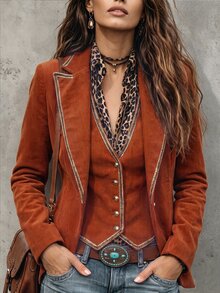 Balvessa Blazer Wanita Cokelat Bahan Suede Imitasi dengan Kerah Terbuka di Depan, Lengan Panjang, dan Trim Kontras, Cocok untuk Perjalanan Santai di Musim Semi dan Gugur. - MultiWarna - View 1