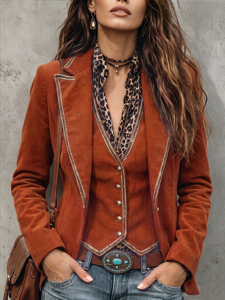 Balvessa Blazer Wanita Cokelat Bahan Suede Imitasi dengan Kerah Terbuka di Depan, Lengan Panjang, dan Trim Kontras, Cocok untuk Perjalanan Santai di Musim Semi dan Gugur. - MultiWarna - View 1