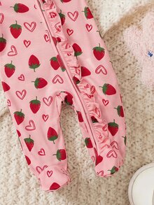 SHEIN Newborn Baby Strawberry Pattern Casual Daily Outing One-Piece Long Pants - Pink - View 4