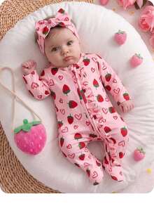 SHEIN Newborn Baby Strawberry Pattern Casual Daily Outing One-Piece Long Pants - Pink - View 5