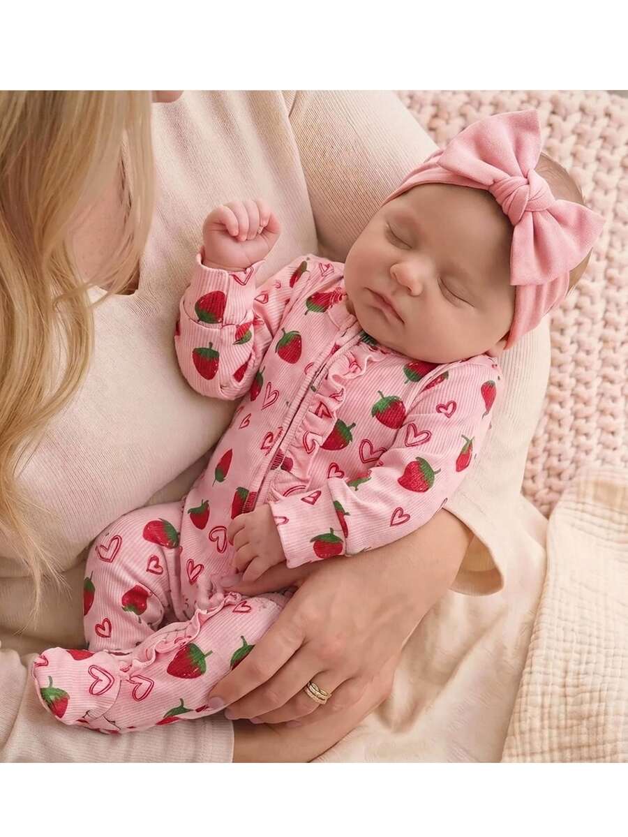 SHEIN Newborn Baby Strawberry Pattern Casual Daily Outing One-Piece Long Pants - Pink - View 1