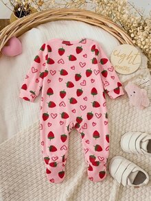 SHEIN Newborn Baby Strawberry Pattern Casual Daily Outing One-Piece Long Pants - Pink - View 2