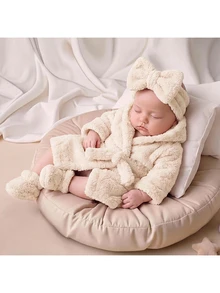 SHEIN Newborn Baby Winter Comfortable Long Sleeve Hooded Robe Loungewear Autumn Neutral - Beige - View 7