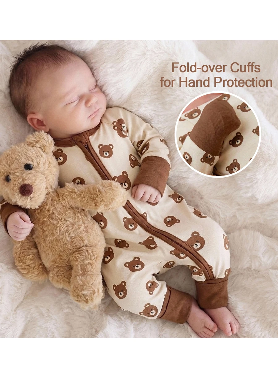 SHEIN Newborn Baby Boy Cute Casual Knit Cartoon Pattern Long Sleeve Colorblock Romper(The Cuffs And Leg Openings Can Be Folded .) Neutral
