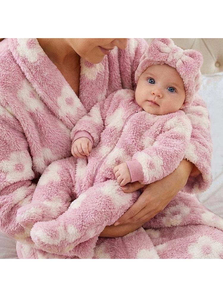 SHEIN Newborn Baby Girl Pink Floral Print Teddy Fluffy Romper Pajamas, Baby-Girl Clothing-Girl Rompers-Girl Autumn Winter Bodysuits - Pink - View 9