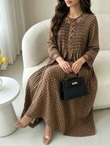 Al Najma Gaun Motif Bunga Kecil Polos dengan Desain Renda Kontras, Elegan, Lengan Panjang Longgar, Pola Bunga Acak, Gaun Arab Tradisional Ukuran Besar - Coklat - View 7