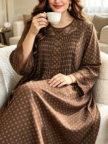 Al Najma Gaun Motif Bunga Kecil Polos dengan Desain Renda Kontras, Elegan, Lengan Panjang Longgar, Pola Bunga Acak, Gaun Arab Tradisional Ukuran Besar - Coklat - View 1