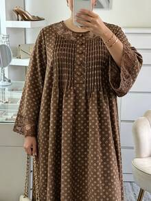 Al Najma Gaun Motif Bunga Kecil Polos dengan Desain Renda Kontras, Elegan, Lengan Panjang Longgar, Pola Bunga Acak, Gaun Arab Tradisional Ukuran Besar - Coklat - View 3