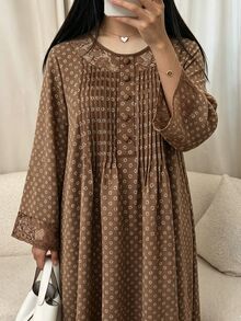 Al Najma Gaun Motif Bunga Kecil Polos dengan Desain Renda Kontras, Elegan, Lengan Panjang Longgar, Pola Bunga Acak, Gaun Arab Tradisional Ukuran Besar - Coklat - View 8