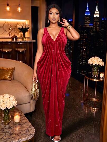 SOLERSUN Plus Size Women's Shiny Velvet Maxi Dress, Deep V-Neck Ruffle Bodycon Party Dress, Elegant Sleeveless Formal Evening Gown, Suitable For School Homecoming Dance