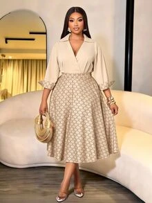 SOLERSUN Plus Size Elegant Commuter Shirt & Skirt 2 Pieces Set - Khaki - View 1