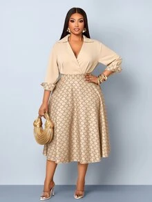 SOLERSUN Plus Size Elegant Commuter Shirt & Skirt 2 Pieces Set - Khaki - View 5