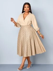 SOLERSUN Plus Size Elegant Commuter Shirt & Skirt 2 Pieces Set - Khaki - View 4