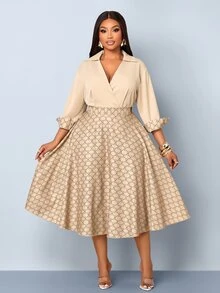 SOLERSUN Plus Size Elegant Commuter Shirt & Skirt 2 Pieces Set - Khaki - View 2
