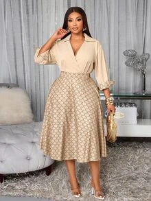 SOLERSUN Plus Size Elegant Commuter Shirt & Skirt 2 Pieces Set - Khaki - View 3
