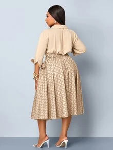 SOLERSUN Plus Size Elegant Commuter Shirt & Skirt 2 Pieces Set - Khaki - View 6