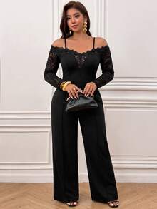Femmeverse Plus Size Women's Spring/Autumn Fashion Elegant Off Shoulder Design V-Neck Lace Trim Patchwork Long Sleeve Knit Straight Leg Jumpsuit - Black - View 4