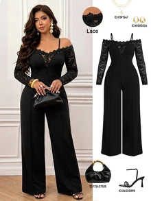 Femmeverse Plus Size Women's Spring/Autumn Fashion Elegant Off Shoulder Design V-Neck Lace Trim Patchwork Long Sleeve Knit Straight Leg Jumpsuit - Black - View 3