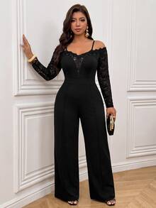 Femmeverse Plus Size Women's Spring/Autumn Fashion Elegant Off Shoulder Design V-Neck Lace Trim Patchwork Long Sleeve Knit Straight Leg Jumpsuit - Black - View 7