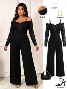 Femmeverse Plus Size Women's Spring/Autumn Fashion Elegant Off Shoulder Design V-Neck Lace Trim Patchwork Long Sleeve Knit Straight Leg Jumpsuit - Black - View 6