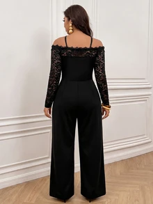 Femmeverse Plus Size Women's Spring/Autumn Fashion Elegant Off Shoulder Design V-Neck Lace Trim Patchwork Long Sleeve Knit Straight Leg Jumpsuit - Black - View 2