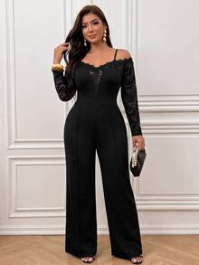 Femmeverse Plus Size Women's Spring/Autumn Fashion Elegant Off Shoulder Design V-Neck Lace Trim Patchwork Long Sleeve Knit Straight Leg Jumpsuit - Black - View 5