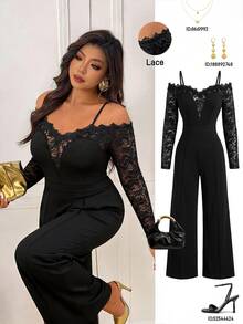 Femmeverse Plus Size Women's Spring/Autumn Fashion Elegant Off Shoulder Design V-Neck Lace Trim Patchwork Long Sleeve Knit Straight Leg Jumpsuit - Black - View 1