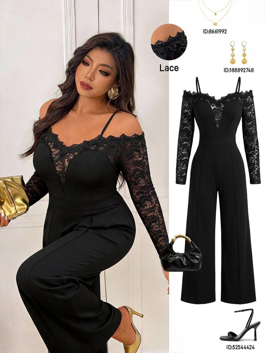 Femmeverse Plus Size Women's Spring/Autumn Fashion Elegant Off Shoulder Design V-Neck Lace Trim Patchwork Long Sleeve Knit Straight Leg Jumpsuit - Black - View 1