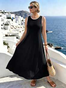 Breezaya Women's Plus Size Embroidered Contrast Trim Knit Fabric Round Neck Sleeveless Straight A-Line Midi Black Dress, Elegant Casual For Daily Wear, Home, Office, Beach, Vacation, Holiday, Romantic Gathering, Date, Wedding Guest, Party - Black and White - View 7