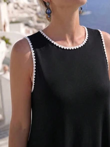 Breezaya Women's Plus Size Embroidered Contrast Trim Knit Fabric Round Neck Sleeveless Straight A-Line Midi Black Dress, Elegant Casual For Daily Wear, Home, Office, Beach, Vacation, Holiday, Romantic Gathering, Date, Wedding Guest, Party - Black and White - View 3