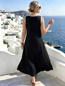 Breezaya Women's Plus Size Embroidered Contrast Trim Knit Fabric Round Neck Sleeveless Straight A-Line Midi Black Dress, Elegant Casual For Daily Wear, Home, Office, Beach, Vacation, Holiday, Romantic Gathering, Date, Wedding Guest, Party - Black and White - View 2