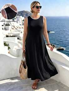 Breezaya Women's Plus Size Embroidered Contrast Trim Knit Fabric Round Neck Sleeveless Straight A-Line Midi Black Dress, Elegant Casual For Daily Wear, Home, Office, Beach, Vacation, Holiday, Romantic Gathering, Date, Wedding Guest, Party - Black and White - View 6